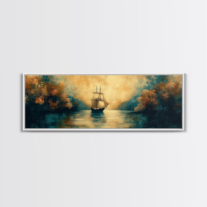Pirate Ship In The Bay, Fantasy Painting Print, Wood Framed Wall Art, Boy's Room Decor Idea, Gift Idea, Man Cave Wall Art