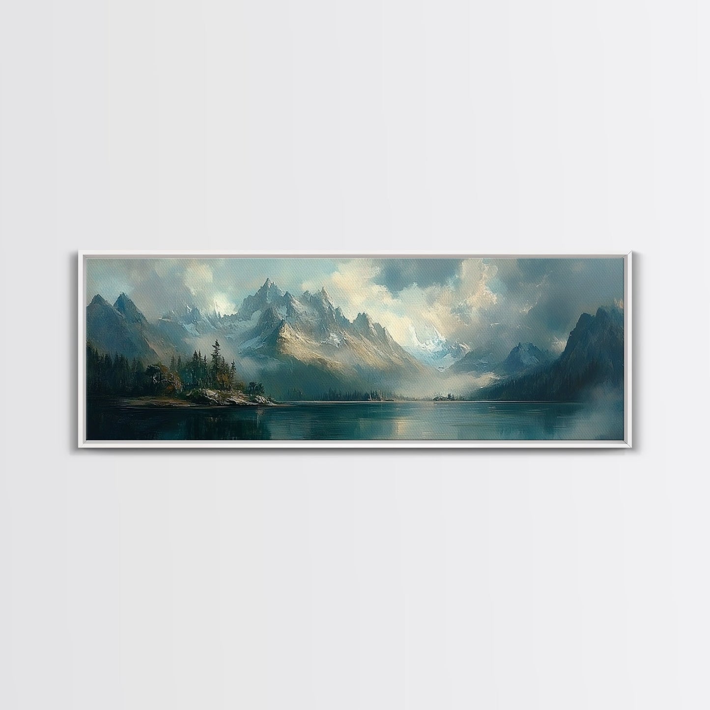 Moody Landscape Painting Print, Overcast Stormy Day In The Mountains, Thought Provoking Wall Art, Oversized Panoramic Ultra Wide Art