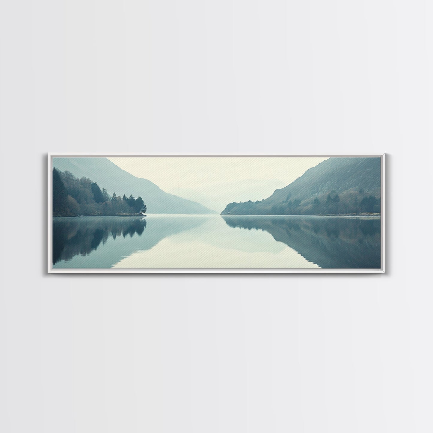 Reflections on an Overcast Day, Framed Canvas Print, Moody Decor, Foggy Landscape Painting, Panoramic Wall Art