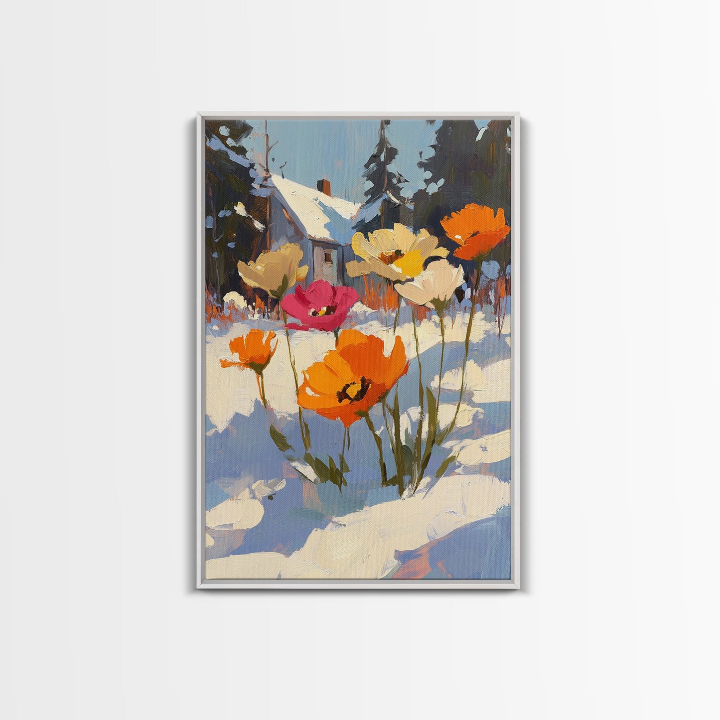 Wild Flowers In The Snow, Framed Canvas Print, Original Floral Painting Print, Modern Wall Art, Modern Custom Art, Winter Art