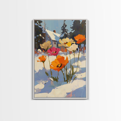 Wild Flowers In The Snow, Framed Canvas Print, Original Floral Painting Print, Modern Wall Art, Modern Custom Art, Winter Art