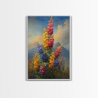 Vintage Style Canvas Print Oil Painting of Wild Flowers On A Mountain Landscape, Framed Canvas, Antique Style Wall Art, Painting of Flowers