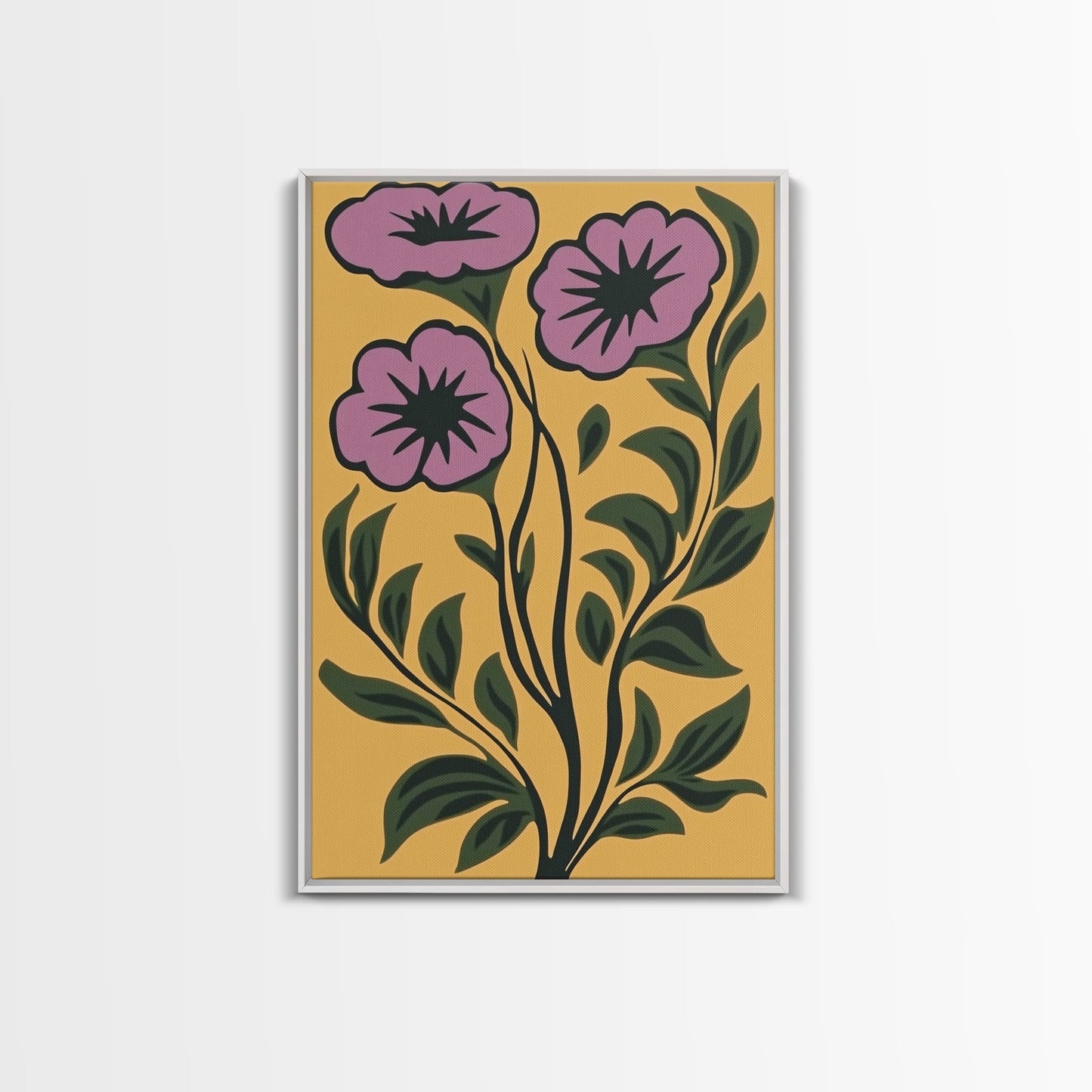 Framed Canvas Canvas Wall Art Mid-Century Modern Boho Flower Print, Purple and Yellow Wall Art, Modern Art Boho Home Decor, Minimalist