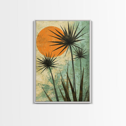 Abstract Palm Trees at Sunset, Framed Canvas Print, MCM Style Wall Art