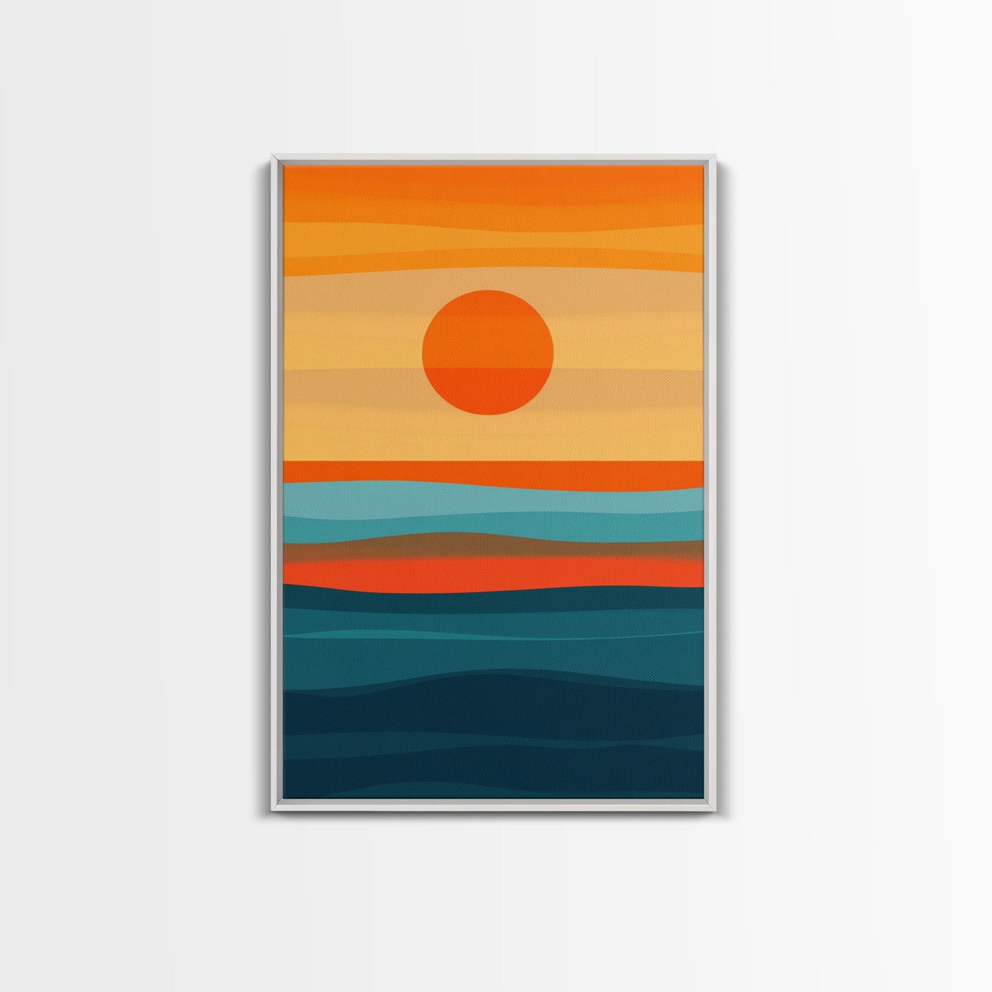 Sunset Over The Ocean Minimalist Print, Vertical Sea Sun Framed Canvas, Waves Line Art, Blue and Orange Sunset Beach House Painting