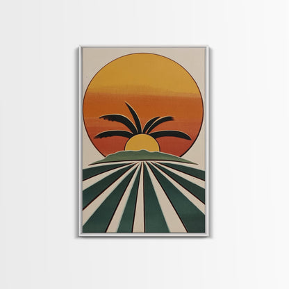 Palm Tree Sunset, Wood Framed Wall Art, Canvas Print, Boho Home Decor, Retro Style Modern Art