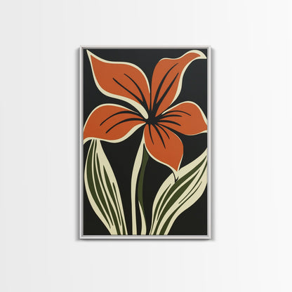 Orange Flower on Black Background, MCM Style Art, Framed Canvas Print