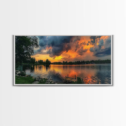 Sunset On The Lake Framed Canvas Print, Lakehouse Decor, Rustic Modern Farmhouse Wall Art, Photography Style Landscape Art