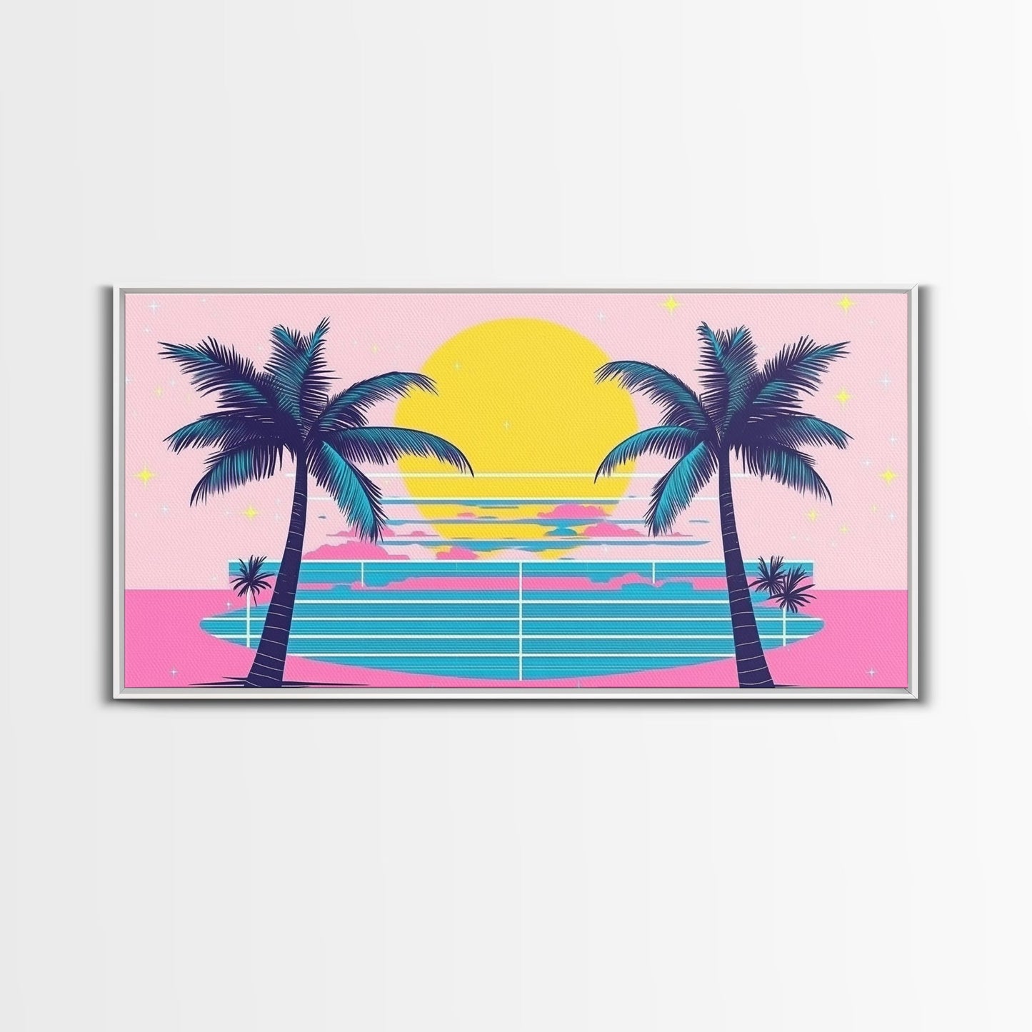 Retro Synthwave Wall Art, Outrun Home Decor Framed Canvas Print, Two Palm Trees and a Sunset