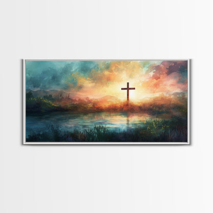 Christian Wall Art Landscape Painting Canvas Print, Beautiful Cross and Sunset, Christianity Home Decor