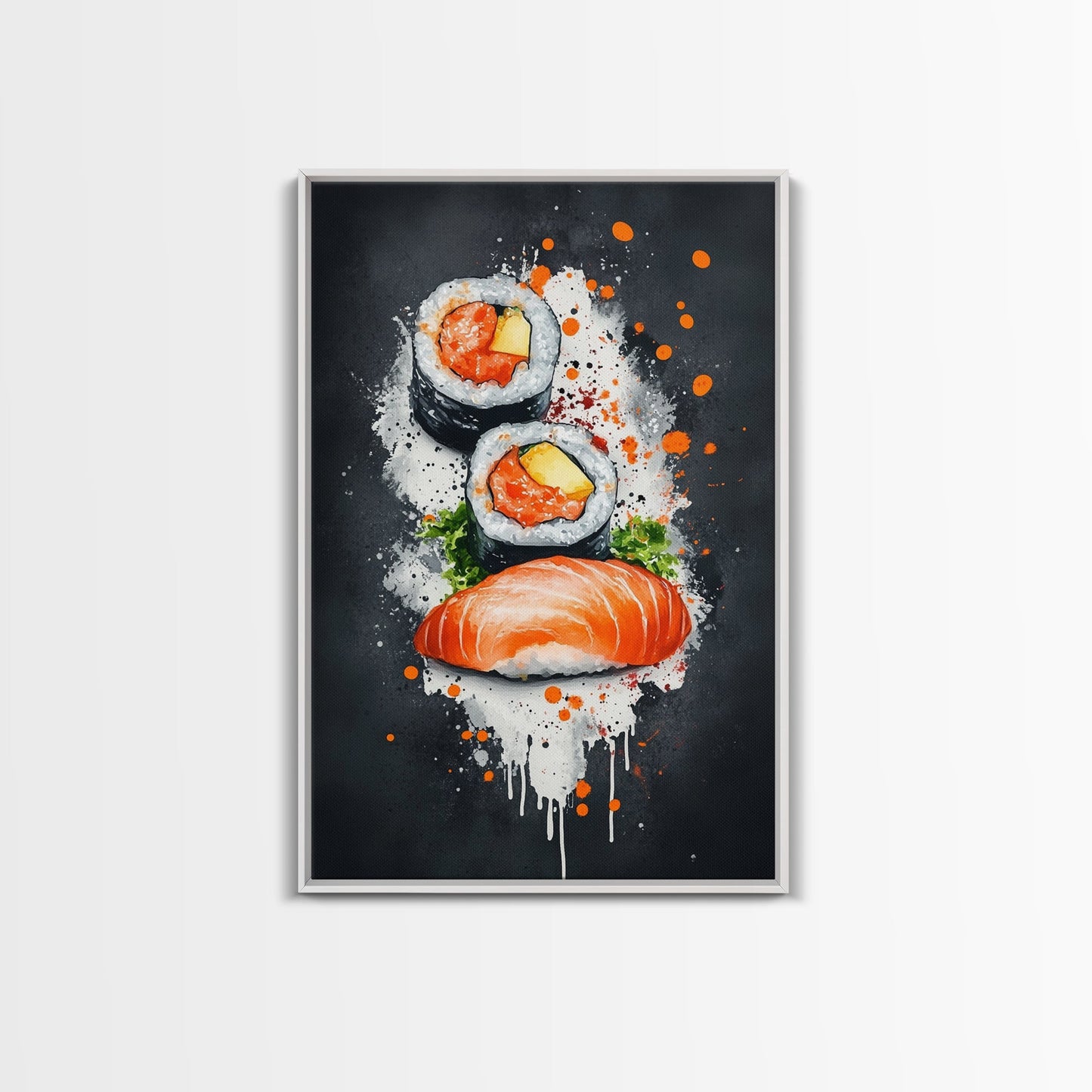 Abstract Oil Painting Canvas Print of Sushi on Black background, Food Review Kitchen Art, Kitchen Decor, Wabi Sabi Wall Art, Sushi Painting