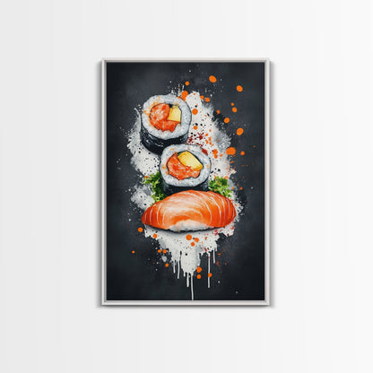 Abstract Oil Painting Canvas Print of Sushi on Black background, Food Review Kitchen Art, Kitchen Decor, Wabi Sabi Wall Art, Sushi Painting