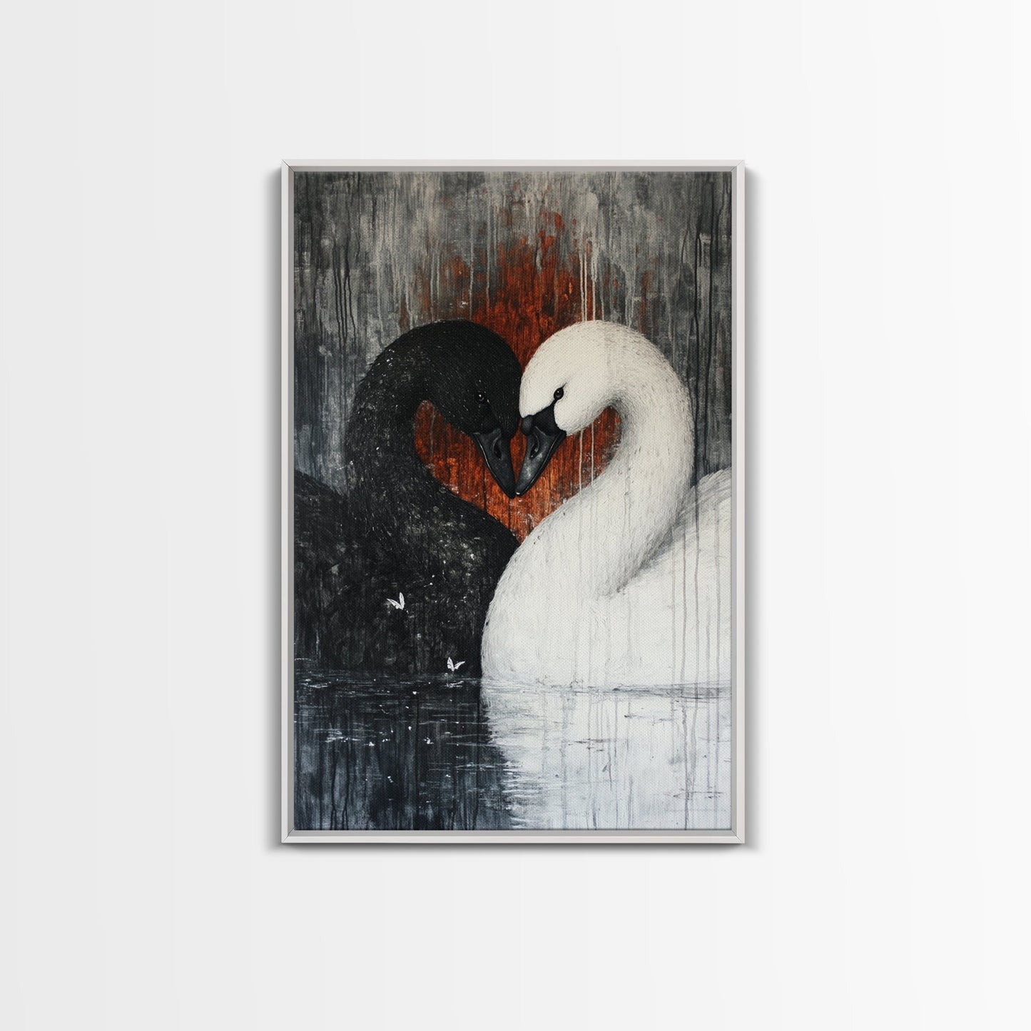 Two Swans in Love, Framed Canvas Print, Goth Decor, Wedding Gift Idea, Engagement Gift, Gift For Couples, Swan Painting, Swan Art