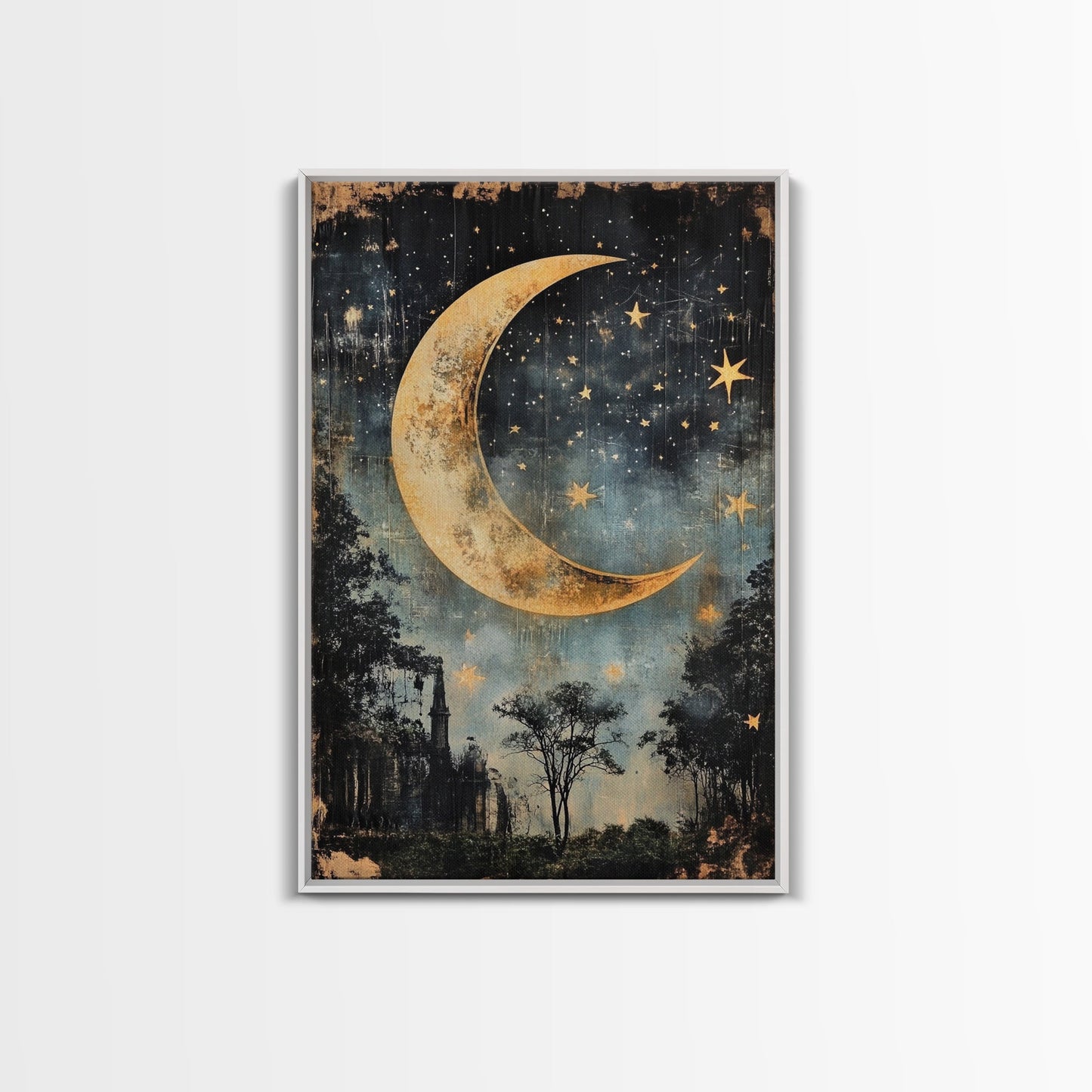 Mystical Moon Painting Print, Folk Art Canvas Print, Eerie Atmospheric Wall Art, Subdued and Moody Home Decor, Crescent Moon Painting