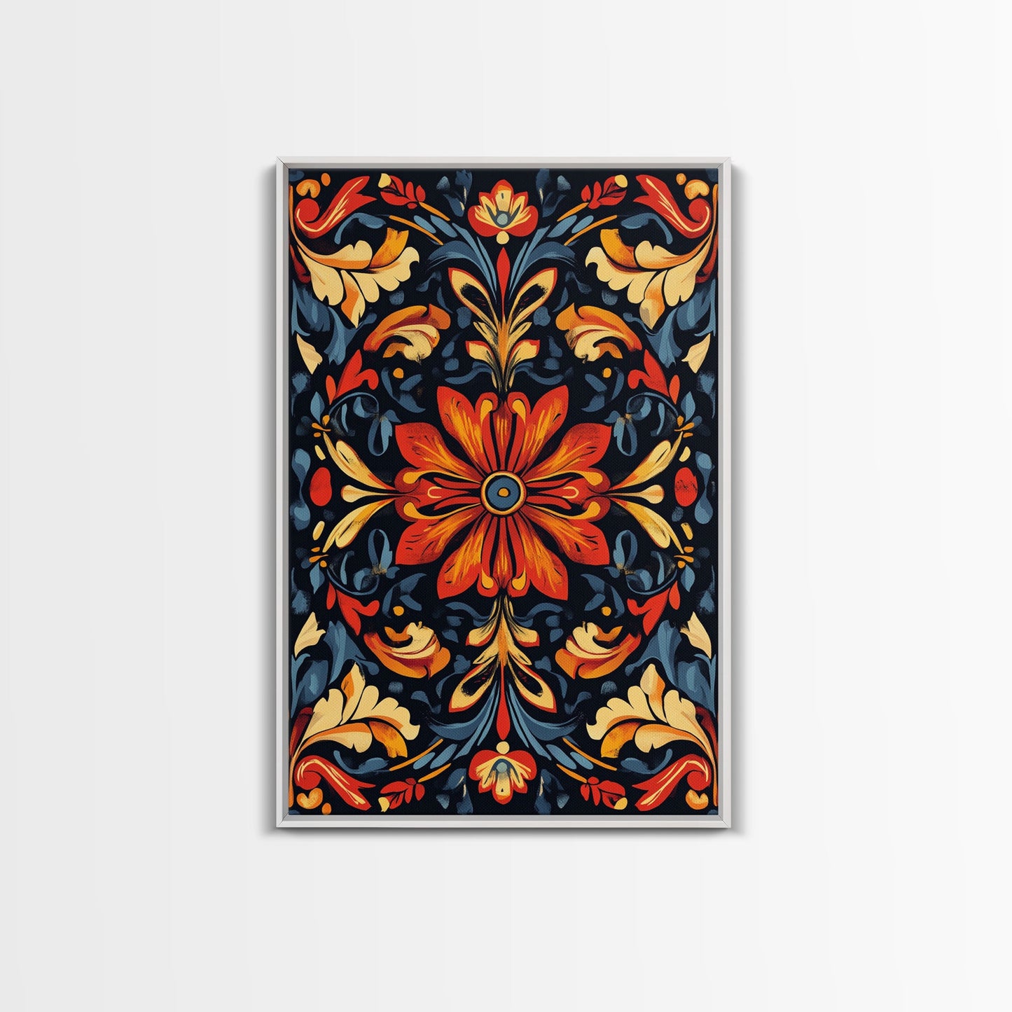 Botanical Floral Tile Pattern Framed Canvas Print, Southwestern Decor, Modern Farmhouse, Pueblo Style Art, Mexicano Chicano Art