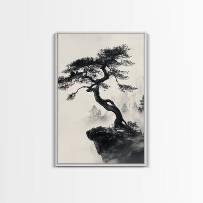 Bonzai Tree on a Cliff Wabi Sabi Painting Print, Wood Framed Wall Art, Bonzai Tree Art, Japanese Style Artwork