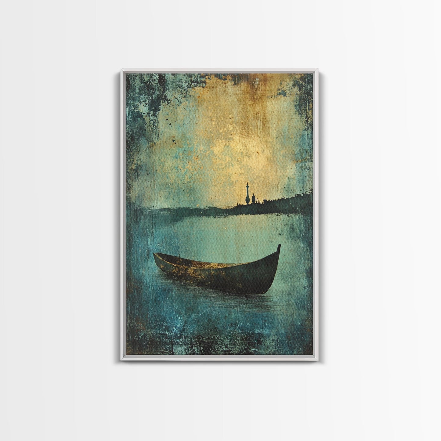 Canoe on the Lake Framed Canvas Print, Nautical Decor, Lakehouse Art, Abstract Lakehouse Painting, Lake Decor