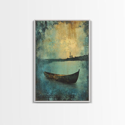 Canoe on the Lake Framed Canvas Print, Nautical Decor, Lakehouse Art, Abstract Lakehouse Painting, Lake Decor