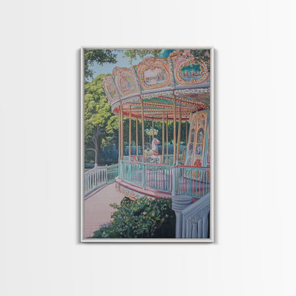 Nursery Decor Framed Canvas Print, Wall Decor for Girl's Room, Carrousel Oil Painting, Oil Painting of a Carrousel
