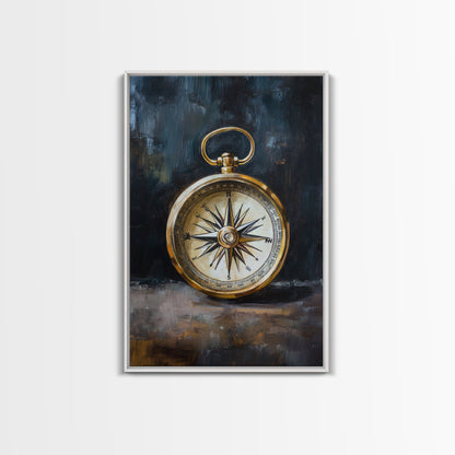 Weathered Compass Wall Art, Nautical Coastal Home Decor Wall Art Framed Canvas Print, Rustic Seaside Accent Piece, Statement Piece, Rustic Decor