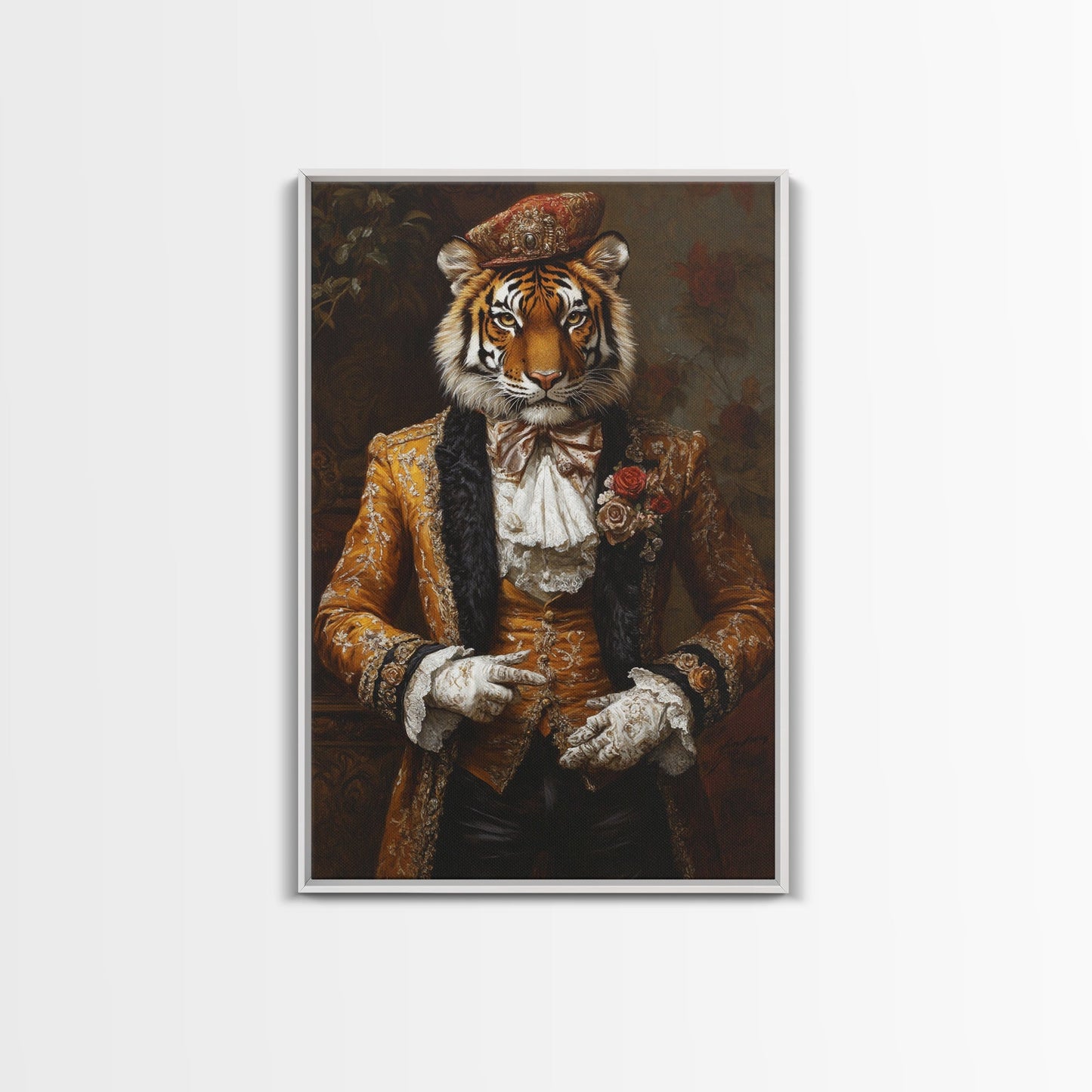 The Dapper Tiger Gentleman Portrait Framed Canvas Print, Whimsical Home Decor, Eclectic Decor, Kitsch Wall Art, Preppy Wall Art, Glam Decor