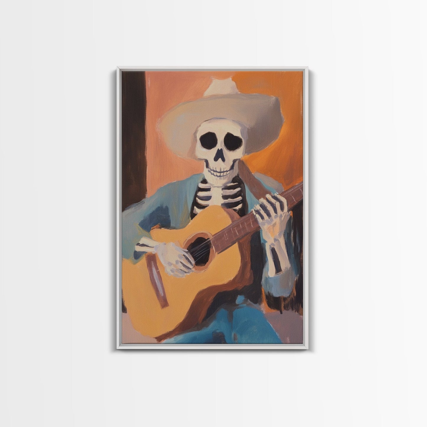Canvas Print of a Sekelton Cowboy Guitar Player - Chicano Art - Wood Framed Canvas - Original Art