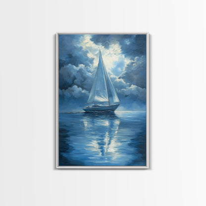 Reflections of a Sail Boat under a Full Moon Framed Canvas Print, Nautical Decor, Sail Boat Oil painting, Sailboat Painting, Nautical Home Decor