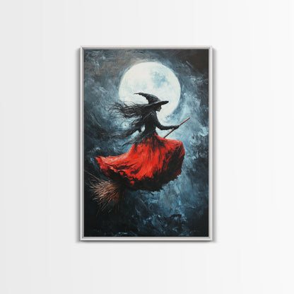 The Witch Rides her Broom under a full moon - Framed Canvas Print - Witchy Decor - Witch Painting - Halloween Wall Art