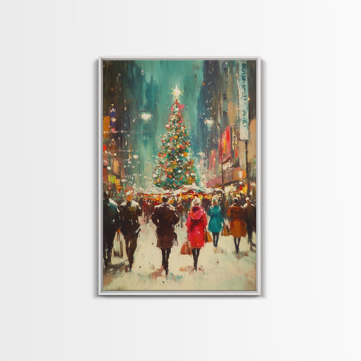Christmas on The Town Square Framed Canvas Print, Wood Framed Christmas Decor, Holiday Mantle Art, Christmas Centerpiece Wall Art