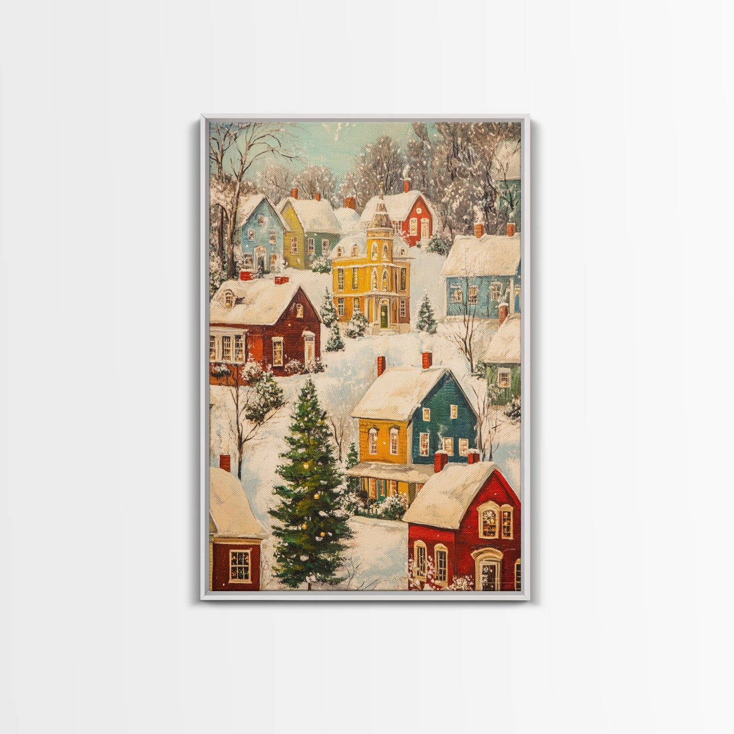 Retro Christmas Village Wall Art For Above Mantle, Framed Canvas Print, Christmas Home Decor, Christmas Wall Art, Christmas Postcard Art