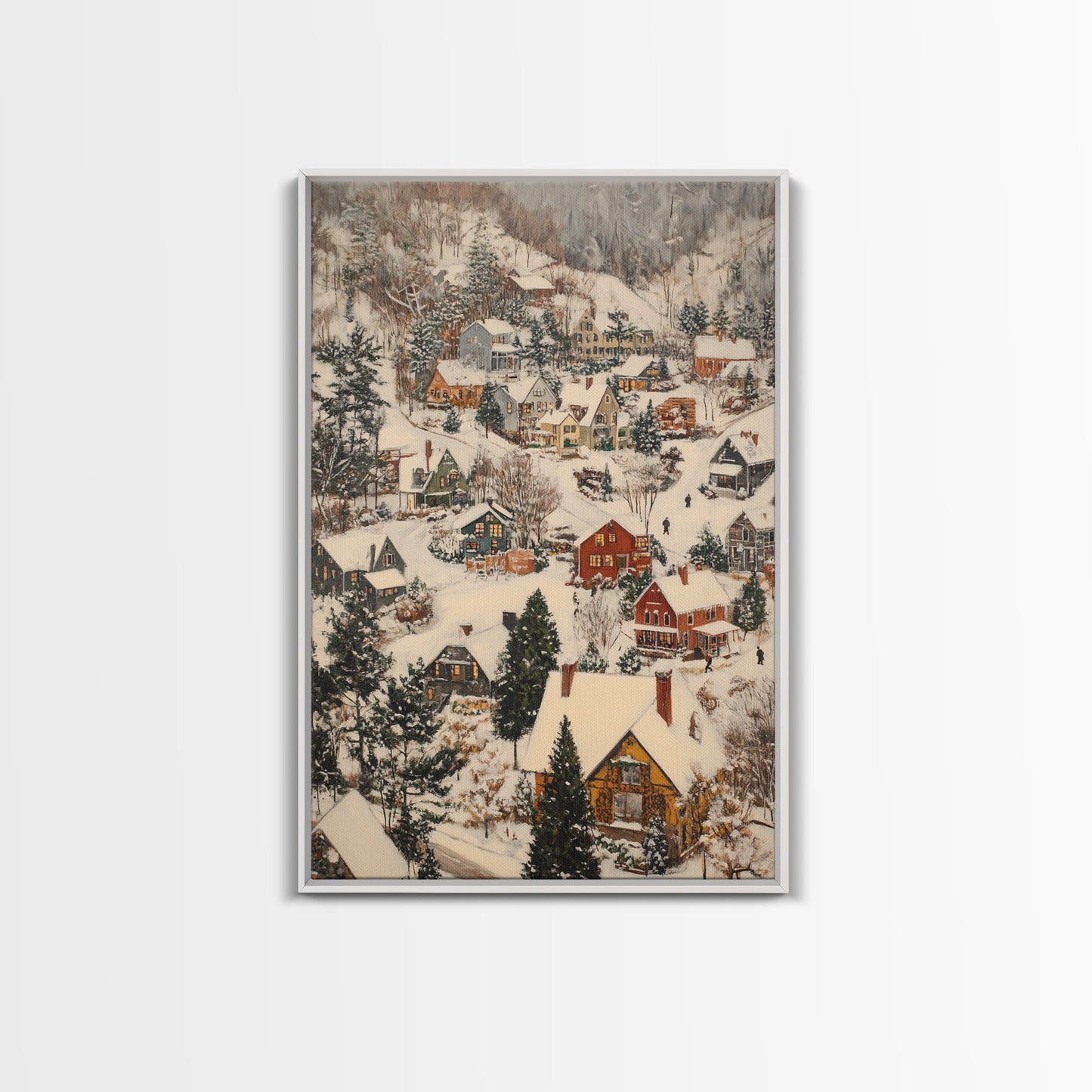 Christmas Village Covered in Snow, Framed Canvas Print, Christmas Oil painting print, Vintage Christmas Art Print, Christmas Wall Art