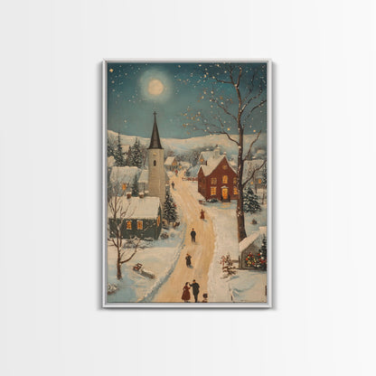 Full Moon on Christmas Even, Framed Canvas Print, Vintage Christmas Oil Painting Print, Christmas Village Wall Art, Christmas Sign, Christmas Art