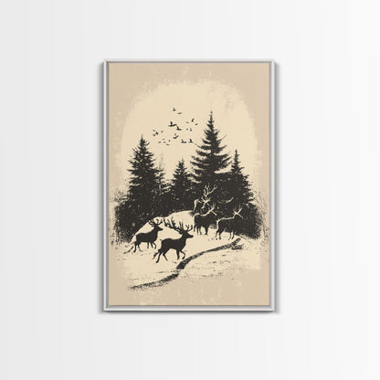 Sketch of Reindeer In The Snow Canvas Print - Framed Canvas - Minimalist Christmas Art - Boho Christmas Art - Rustic Christmas Art