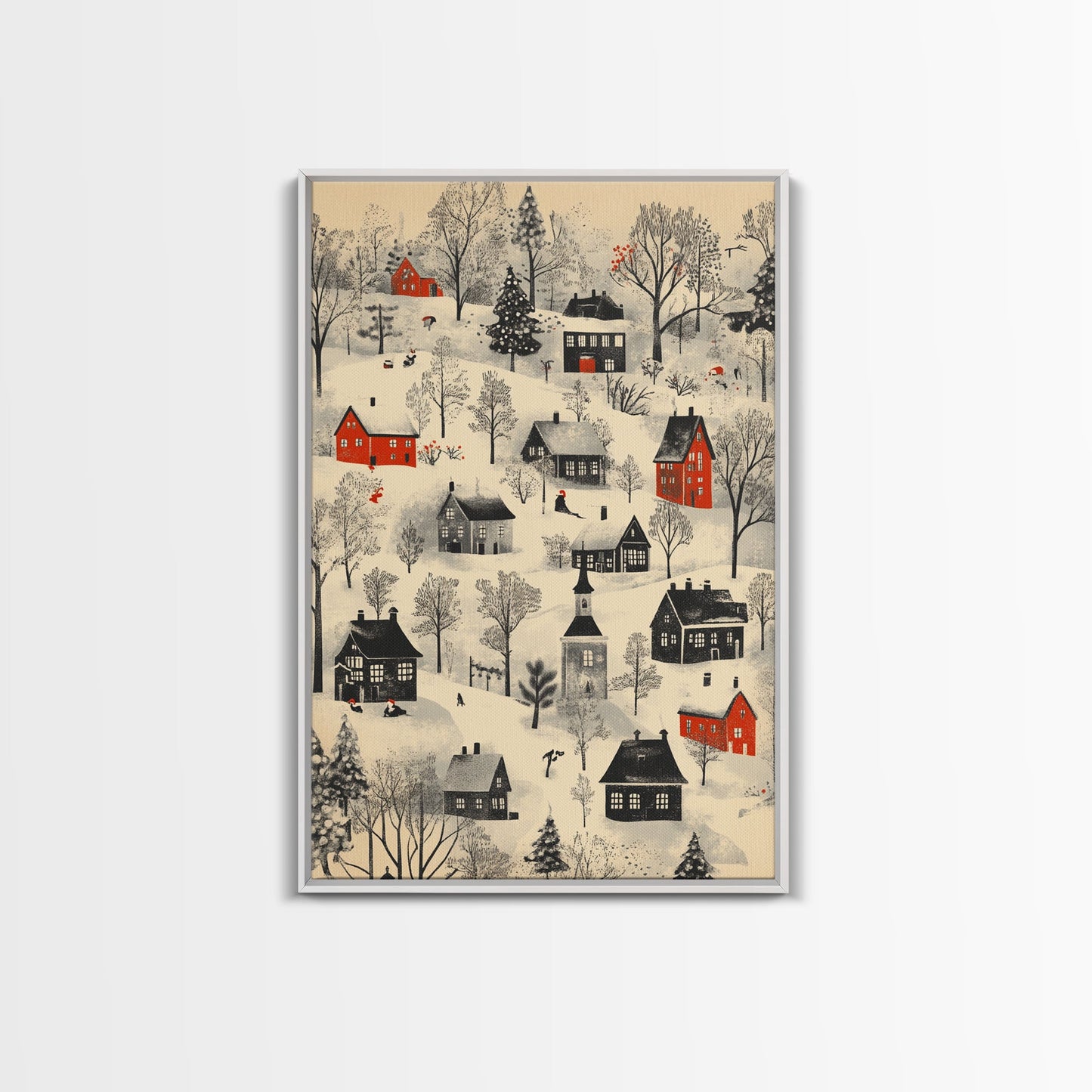 Sketch of a Christmas Village Canvas Print - Framed Canvas - Minimalist Christmas Art - Boho Christmas Art - Rustic Christmas Art