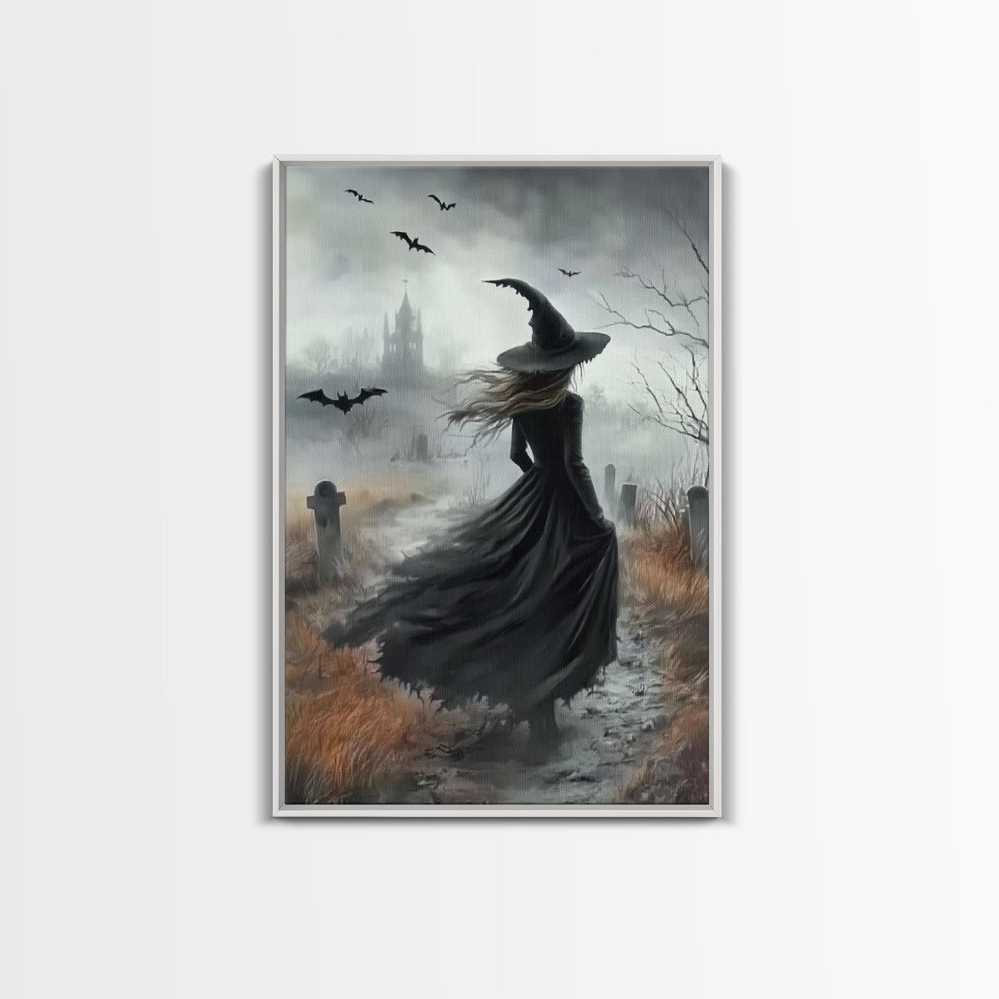 Gothic Oil Painting Print Of a Witch in a Grave Yard, Framed Canvas Print, Dark Academia, Gothic Art, Goth Decor, Halloween Wall Art