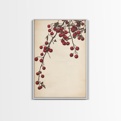 Red Holly Berries Canvas Print - Framed Canvas - Minimalist Christmas Art - Boho Christmas Art - Rustic Christmas Art
