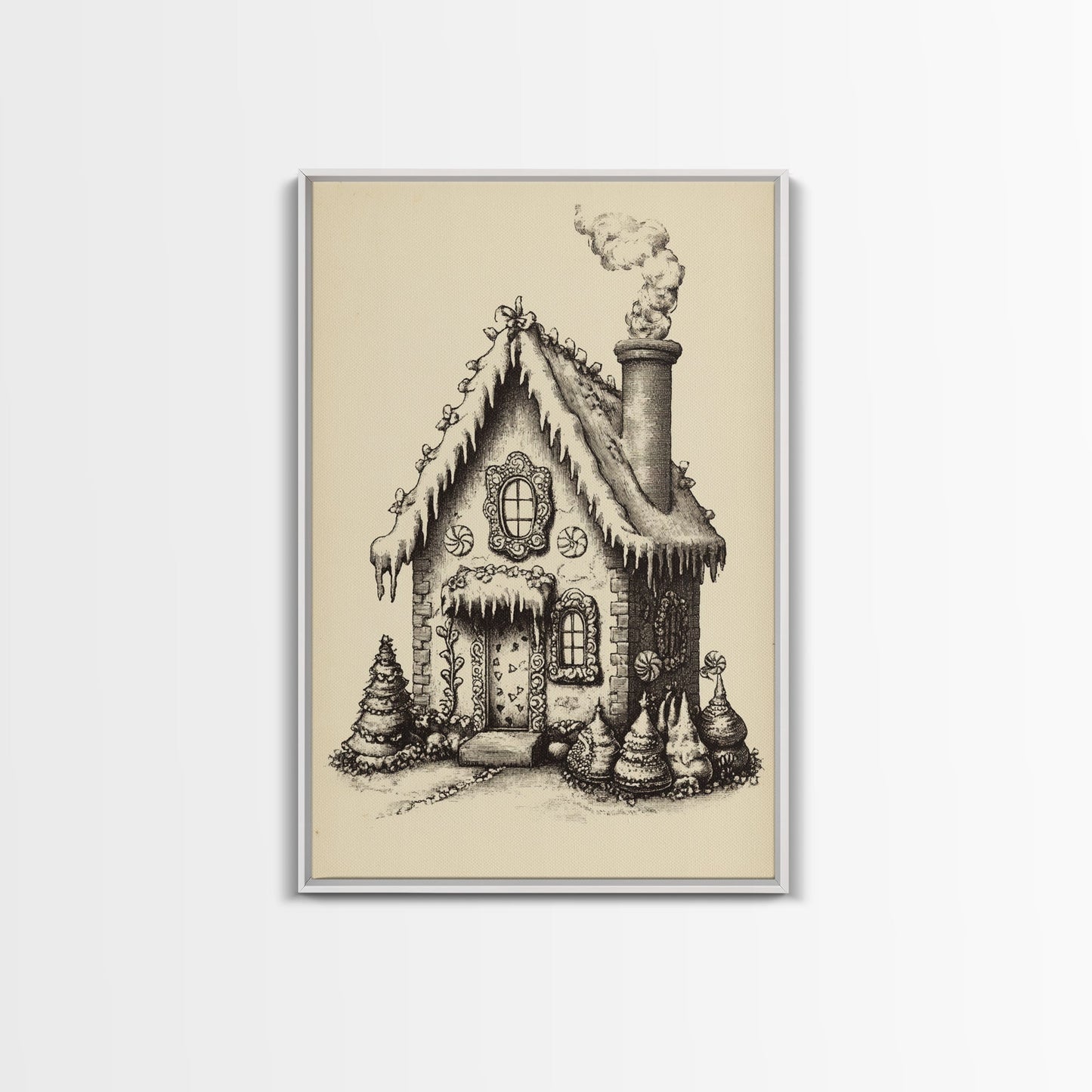 Vintage Gingerbread House Canvas Print - Framed Canvas - Minimalist Christmas Art - Boho Christmas Art - Rustic Christmas Art