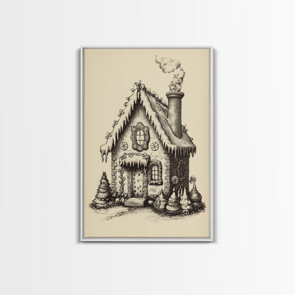Vintage Gingerbread House Canvas Print - Framed Canvas - Minimalist Christmas Art - Boho Christmas Art - Rustic Christmas Art