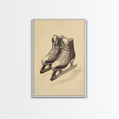 Vintage Ice Skates Canvas Print - Framed Canvas - Minimalist Christmas Art - Boho Christmas Art - Rustic Christmas Art