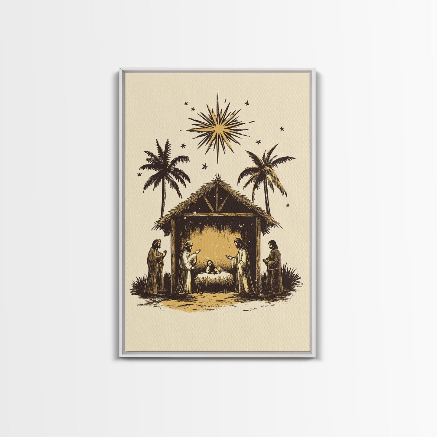 Vintage Nativity Scene Canvas Print - Framed Canvas - Minimalist Christmas Art - Boho Christmas Art - Rustic Christmas Art