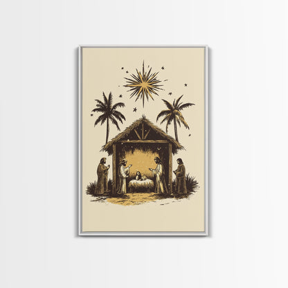 Vintage Nativity Scene Canvas Print - Framed Canvas - Minimalist Christmas Art - Boho Christmas Art - Rustic Christmas Art