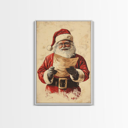 Santa Reading His List Canvas Print - Framed Canvas - Minimalist Christmas Art - Boho Christmas Art - Rustic Christmas Art