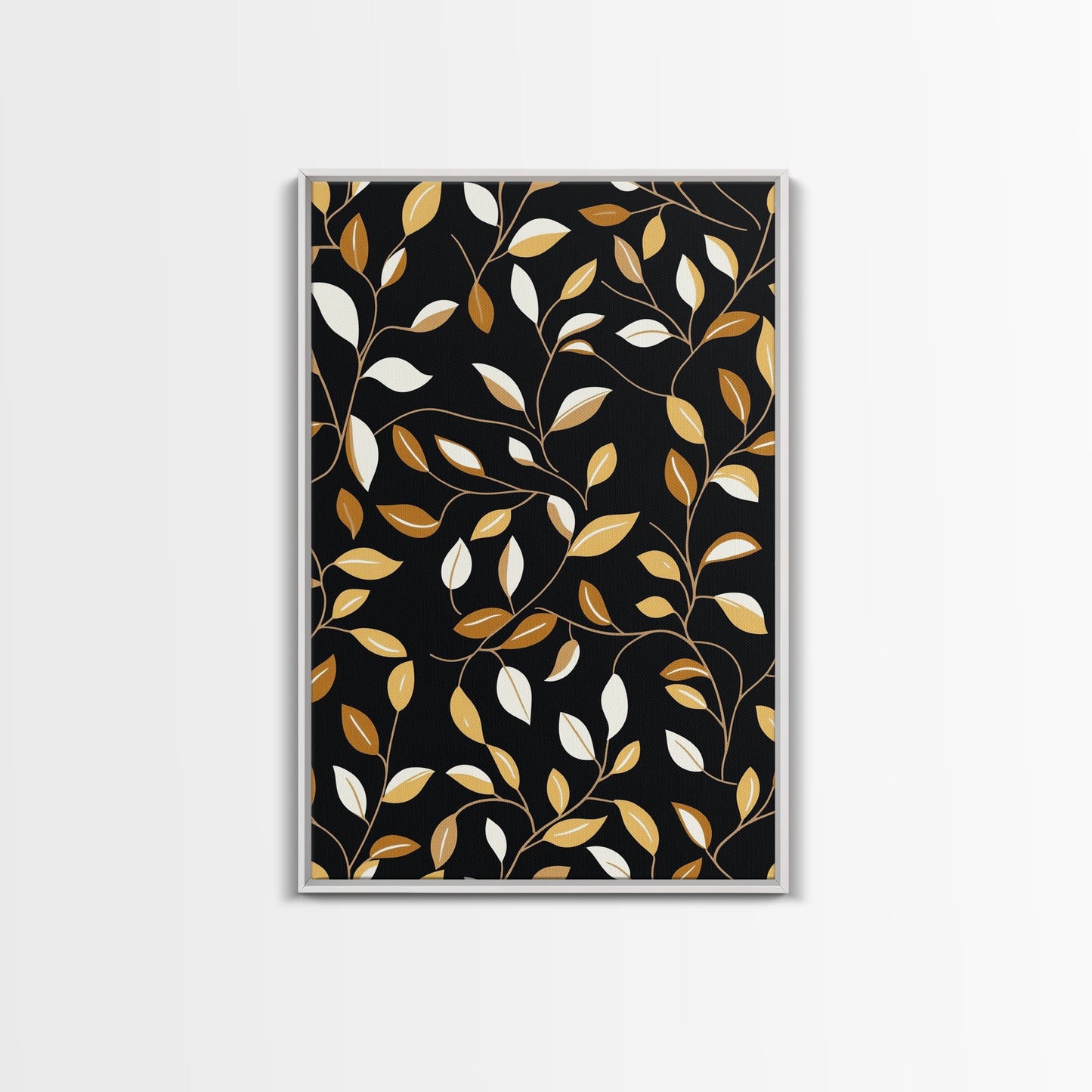 Ivy Leaves Framed Canvas Print, Mid Century Modern Pattern art, Botanical Print, Botanical Wall Art, Black Background