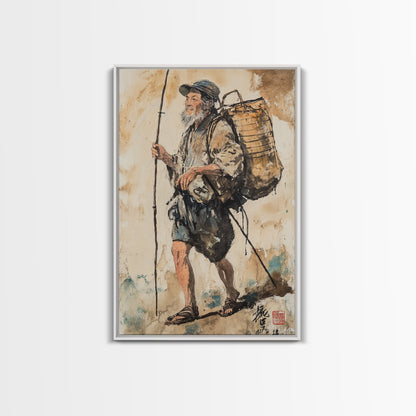 Japanese Fisherman Painting Print, Wabi Sabi Wall Art, Japanese Style Home Decor, Japanese Wood Block Print Style Art