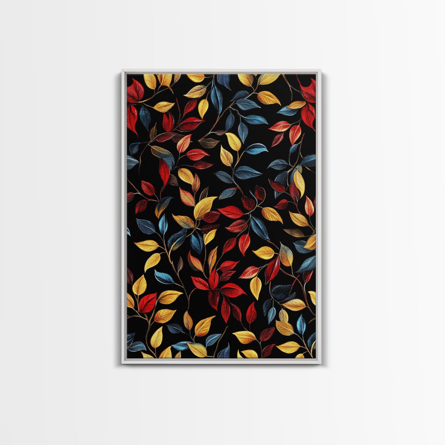 Botanical Fall Leaves Art Print On Canvas with Wood Frame, Black Background, Retro Style Home Decor