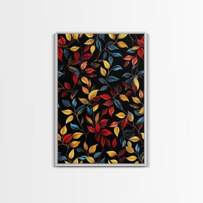 Botanical Fall Leaves Art Print On Canvas with Wood Frame, Black Background, Retro Style Home Decor