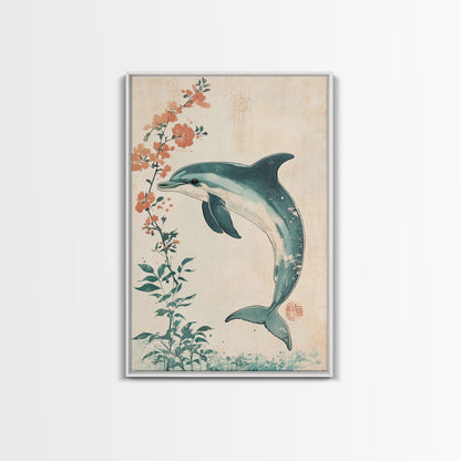 Cherry Blossoms and Dolphins, Framed Canvas Print, Home Decor, Wabi Sabi Dolphin Painting, Minimalist Decor, Living Room Art, Bedroom Art