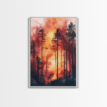 Ready to Hang Watercolor Painting Print of a Forest Fire, Beautiful Wall Art, Forest Fire Natural Disaster Wall Art, California Wall Art