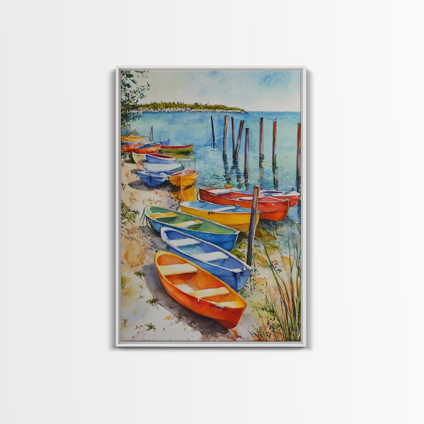 Kayaks On The Ocean Framed Canvas Print, Maine Painting, Coastal Decor, Cute Coastal Wall Art, Preppy Decor, Coastal Landscape Painting