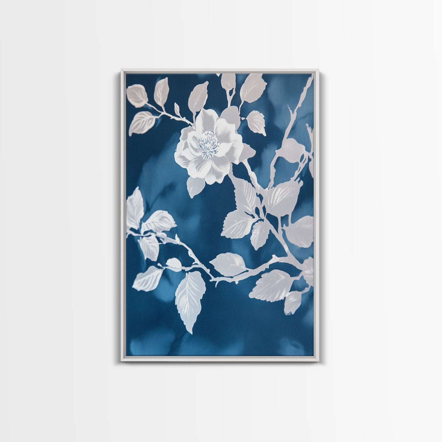 White Flowers on Blue Background Framed Canvas Print, Chinoiserie Wall Art, Boho Decor, Minimalist Wall Art, Boho Home Decor